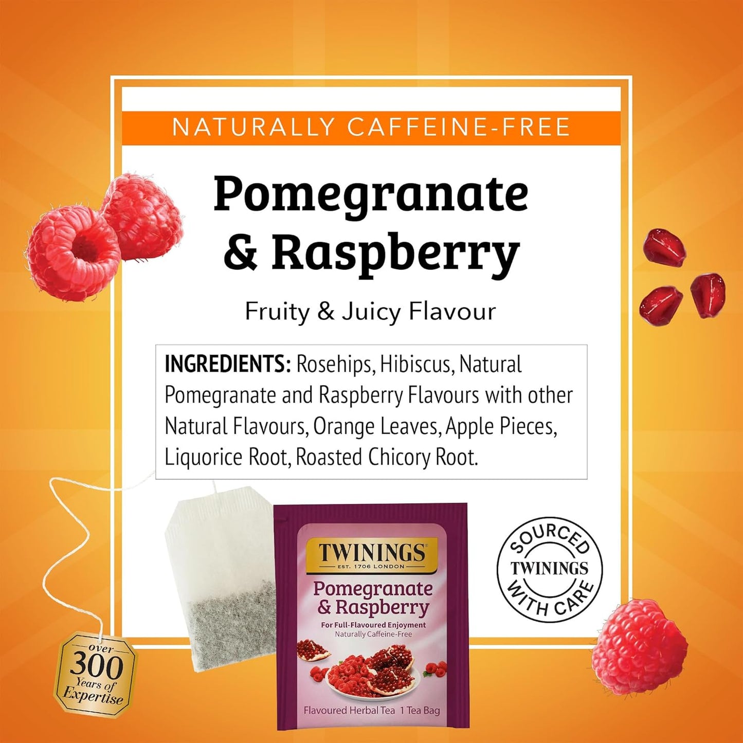 Twinings Pomegranate & Raspberry Herbal Tea - 100 Individually Wrapped Caffeine-Free Teabags | Enjoy Hot or Iced