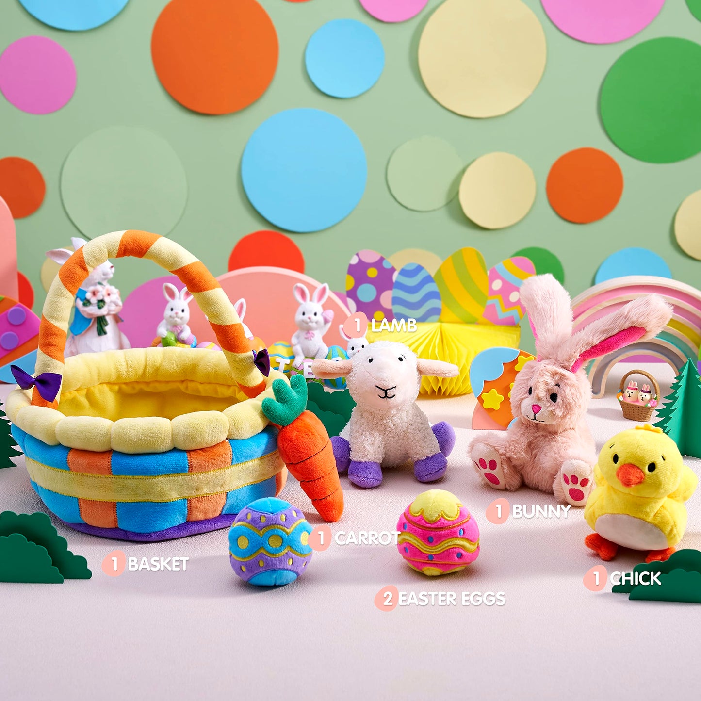 JOYIN 7 PCS Easter Basket Plush Playset Stuffers with Lamb Bunny Chick Carrot Egg Toys, Easter Party Favors Decorations Gifts Supplies for Baby Girls Boys Toddler Kids of All Ages