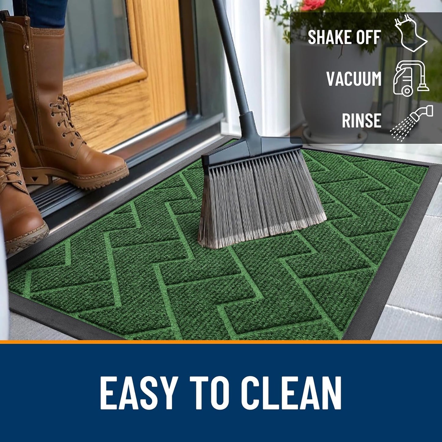 OLANLY Waterproof Front Door Mat - All-Season Herringbone Design | Sturdy Natural Rubber, Easy Clean (Green, 71x23)
