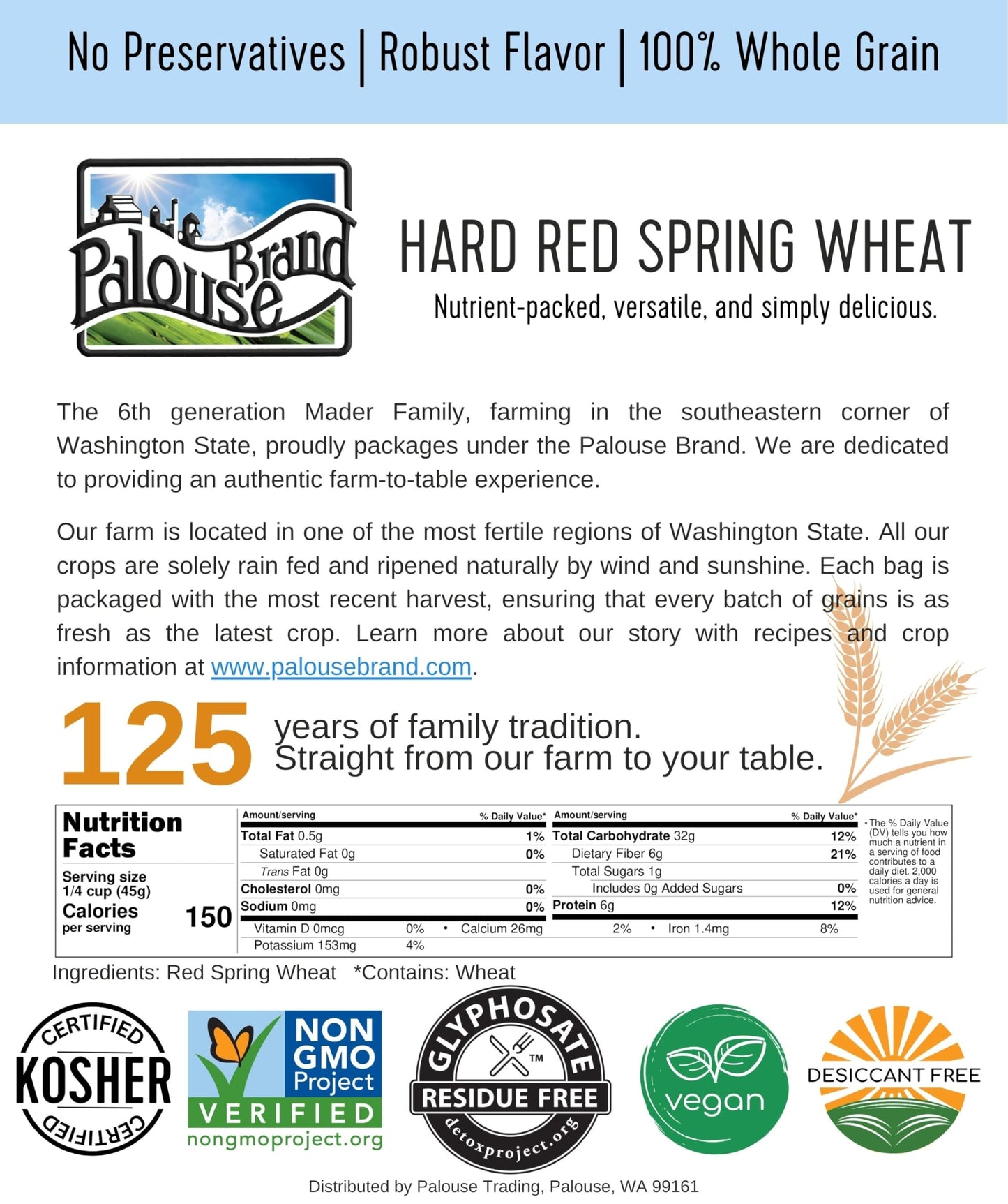 Palouse Brand Certified Glyphosate Residue Free Hard Red Spring Wheat Berries | 5 LBS | 100% Non-Irradiated | Certified Kosher Parve | USA Grown | Non-GMO Project Verified