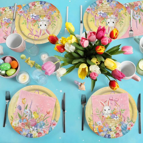 Gatherfun Happy Easter Supplies Kit for 25 Guests - Easter Bunny Decorations, Includes Dinner & Dessert Plates, Napkins, Cups, Banner and Tablecloth in Pink, Purple