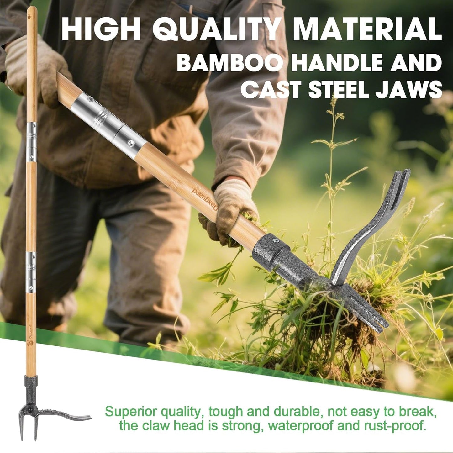 Stand Up Weed Puller by [Brand Name] - Adjustable 44-31.5" Bamboo Handle with Heavy-Duty 4-Claw Steel Head | No Bending Required for Effortless Weeding