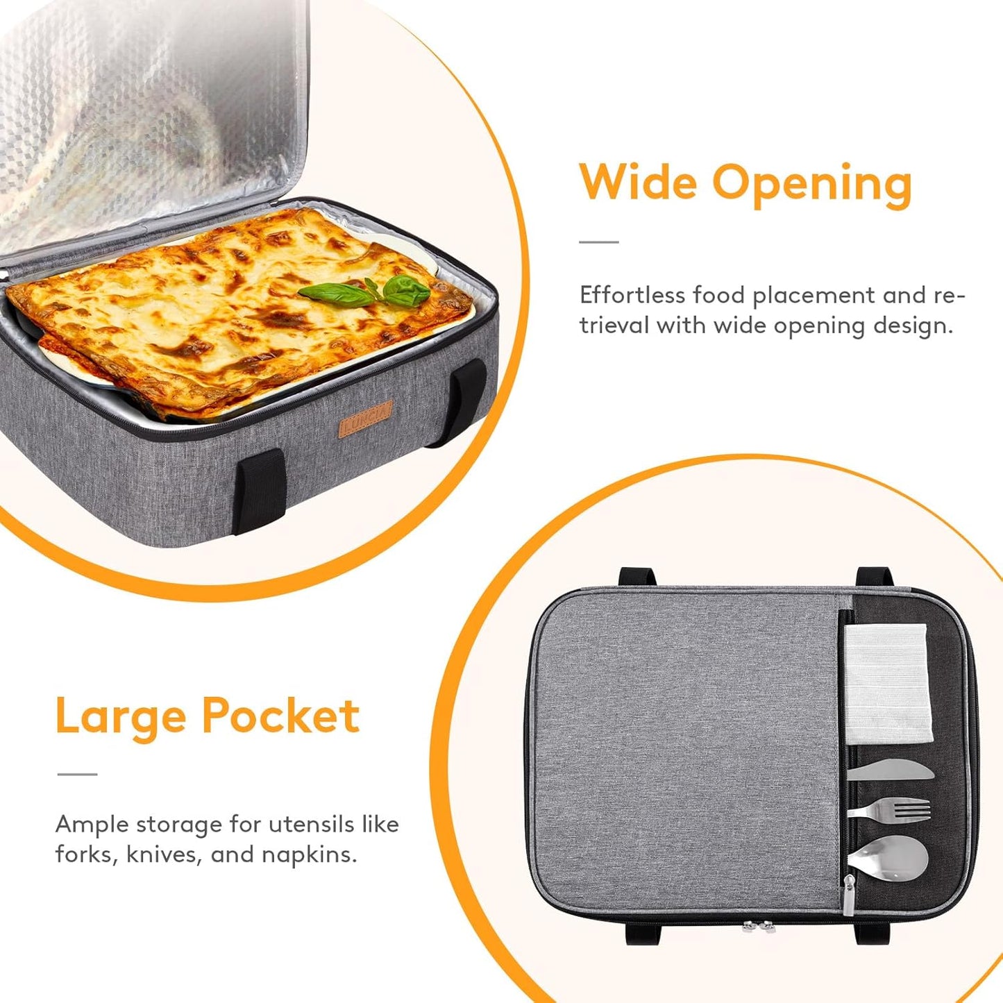 LUNCIA Insulated Casserole Carrier - Keeps Food Hot or Cold | Thermal Lunch Bag for Potlucks, Fits 9" x 13" Dish, Grey
