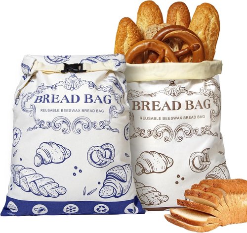 Beeswax Bread Bags by Skiennix - 2 Pack Reusable Food Storage Bags for Fresh Homemade Bread | 17"x12" Natural Cotton