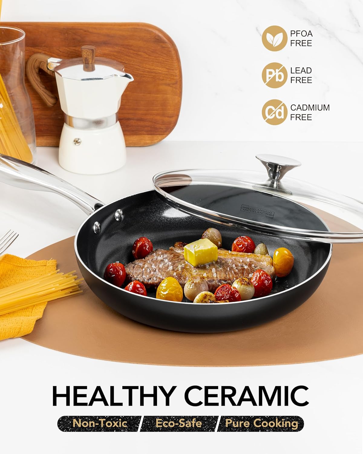 MICHELANGELO 8-Inch Nonstick Frying Pan - Non-Toxic Ceramic Skillet with Lid & Stainless Steel Handle | Black