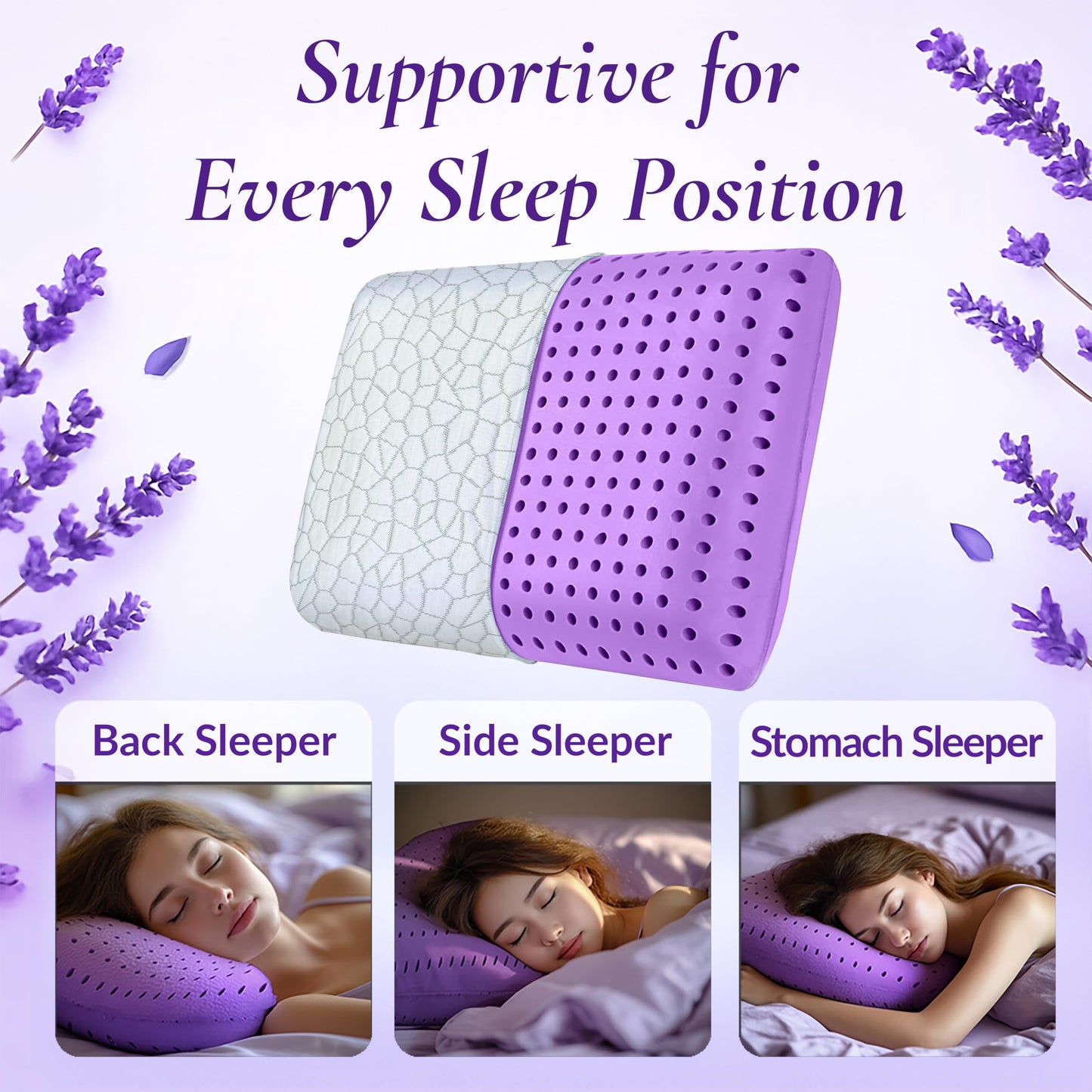 OMEO 2 Pack Lavender Cooling Memory Foam Bed Rest Pillows, Ventilated Memory Foam Cooling Pillow for Stomach, Back and Side Sleeper Support, Washable Removable Cover Sleeping Pillows, 24" x 16"