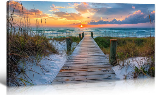 BLINFEIRU Coastal Beach Canvas Wall Art - Beach Path Pictures Wall Decor Large Ocean Seascape Art Prints Sunset Nature Landscape Paintings for Living Room Bedroom Decorations Framed Artwork 20"x40"
