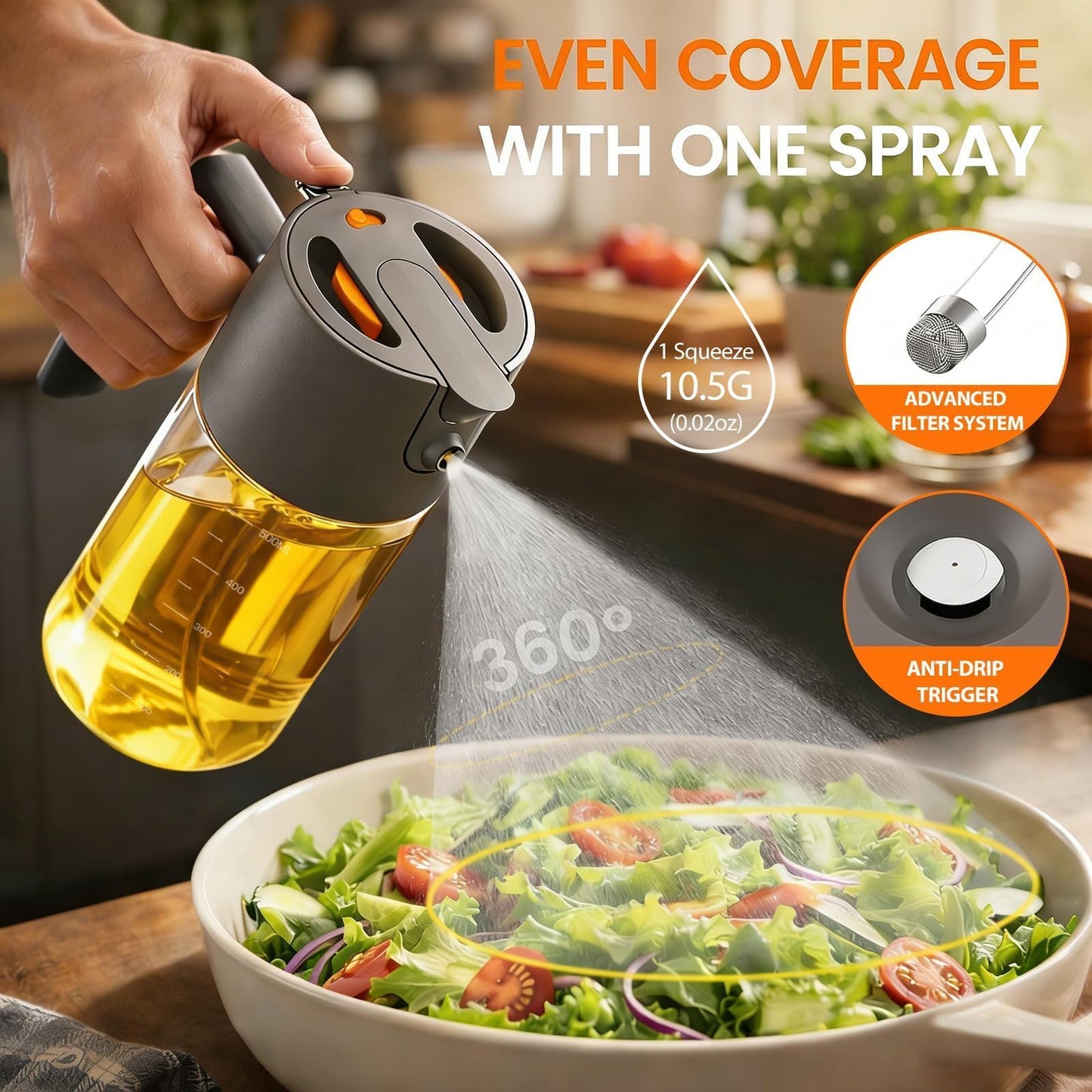 Costop Professional 500ml Glass Oil Sprayer - 3-in-1 Kitchen Tool: Fine Mist, Stream & Pour | Leak-Proof Design for Air Fryer, BBQ & Cooking | BPA-Free