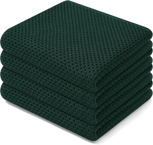 Homaxy 100% Cotton Waffle Weave Dish Towels - Ultra Soft & Absorbent | 13 x 28 Inches, 4-Pack, Blackish Green