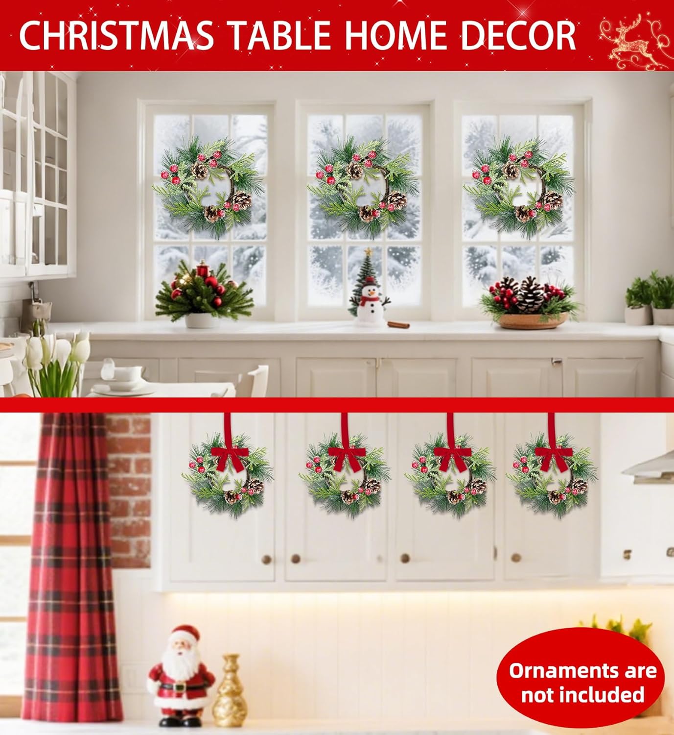 Skiennix 6 Pcs Mini Christmas Wreaths - 9 Inch Snowy Pinecone & Red Berry Candle Rings for Holiday Decor