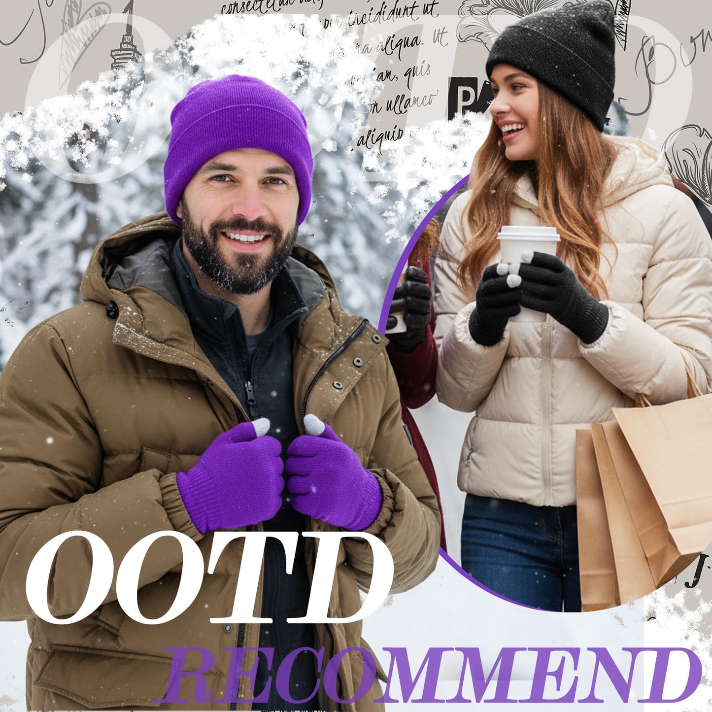 Tivi Tovo 4 Pcs Winter Knit Beanie Hat and Touchscreen Gloves Set for Women Men Warm Acrylic Cap and Gloves Set(Black, Purple,Knit)