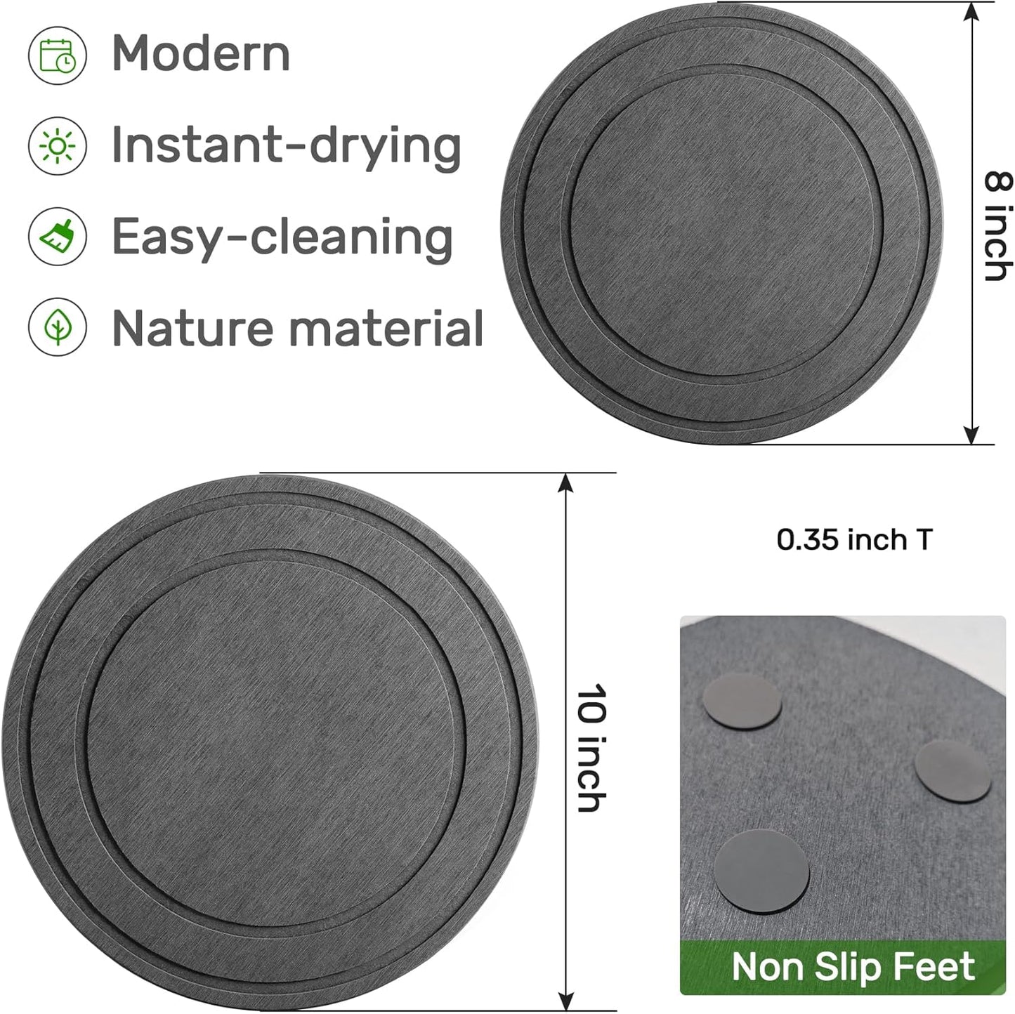 Relime Diatomaceous Earth Plant Saucer - Instant Dry Drainage Tray | 2 Pack, 8 Inch, Stone Gray