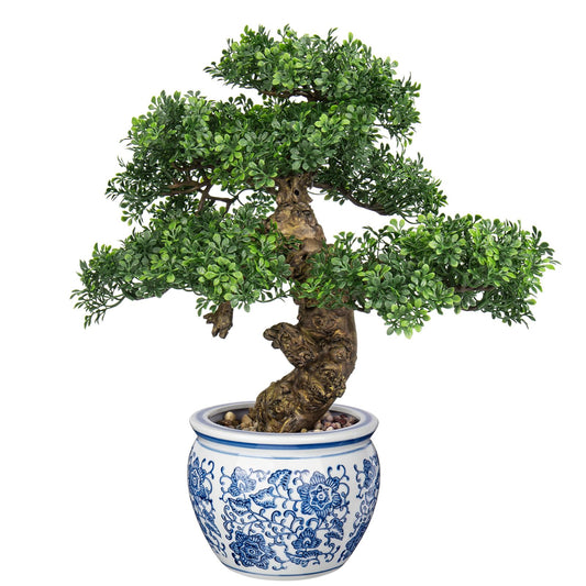 Fake Bonsai Tree Bonsai Plant 17” Tall Artificial Bonsai Trees with Blue and White Porcelain Decorated with Pebbles Desk Plant Indoor Bonsai for Home Office Decor