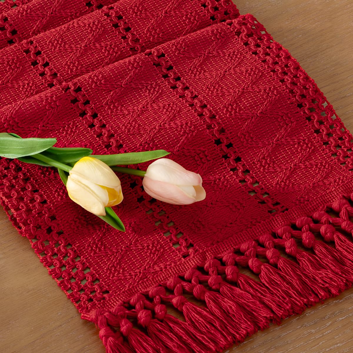 Socomi Boho Table Runner Easter Spring Farmhouse Rustic Dining Kitchen Centerpiece Decor Small Macrame Woven Cotton Linen Coffee Table Runner for Dresser Scarf Home Decor 12x36 in Red