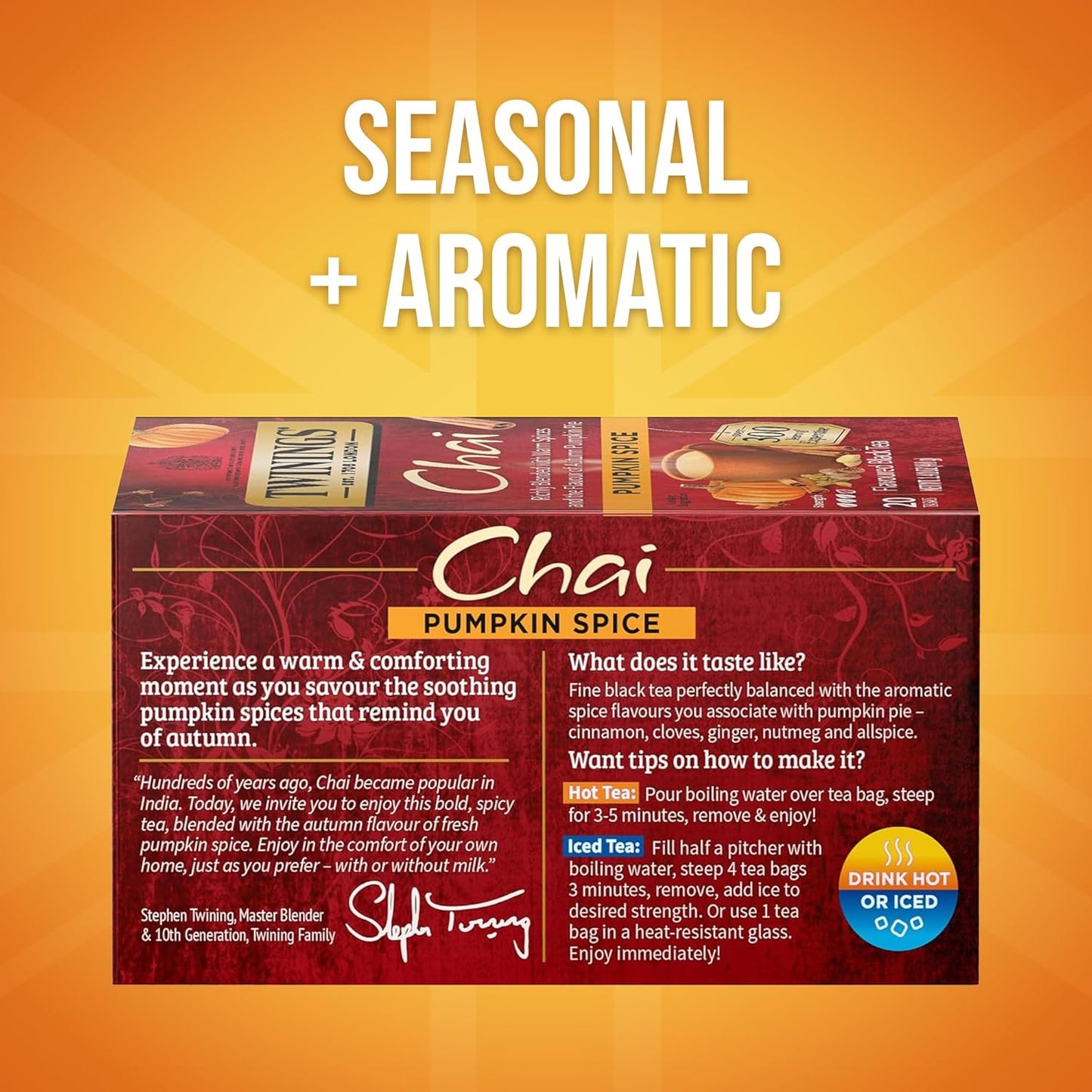 Twinings Pumpkin Spice Chai Black Tea - Warm & Spicy Flavor, 20 Individually Wrapped Bags, Pack of 6