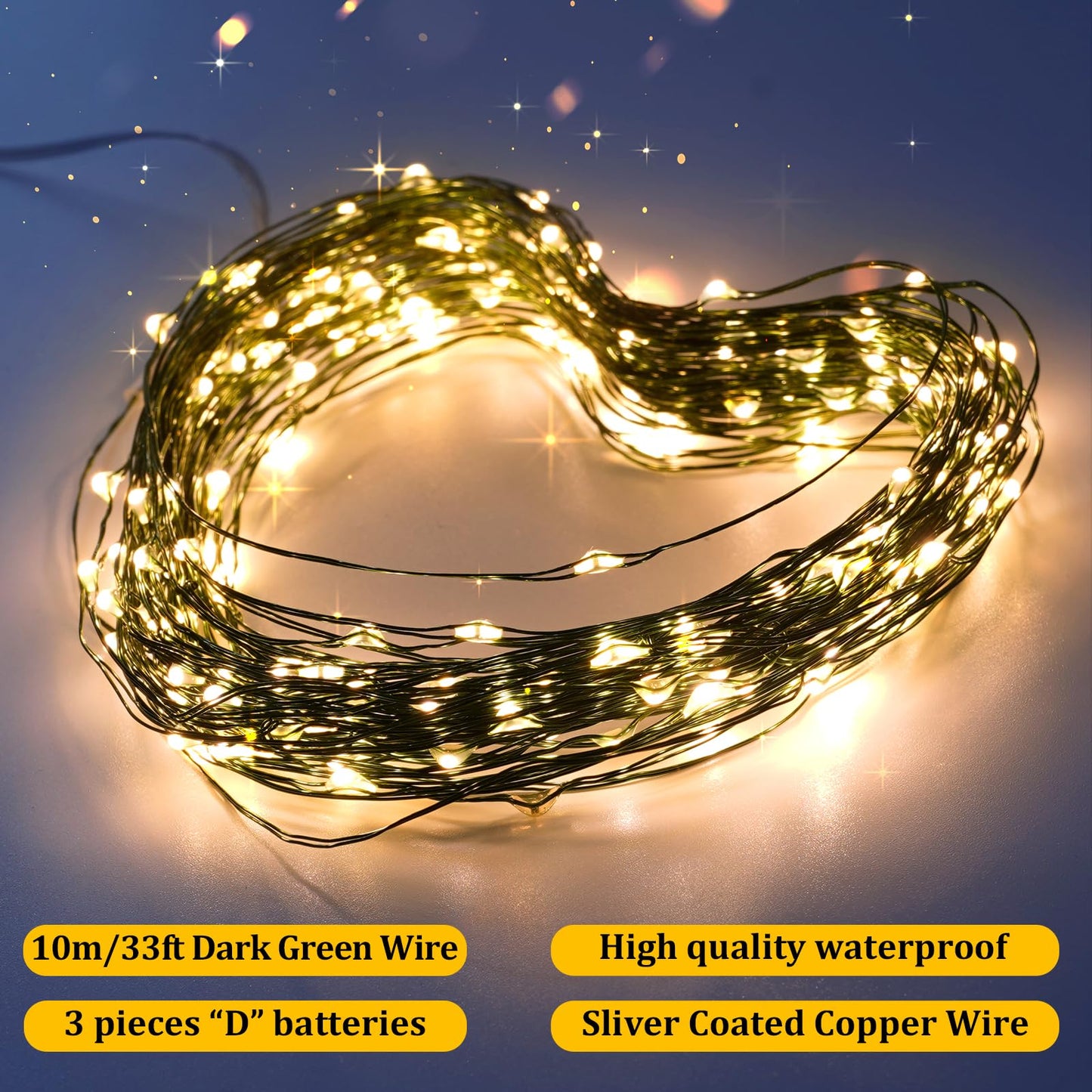 Kangheshun Timer Battery Twinkle Mini Fairy Lights, 1 Pack 200 LED 33ft Dark Green Wire,Firefly Starry LED String Lights Warm White for Wedding Party Christmas Tree Decorations Bedroom Decor