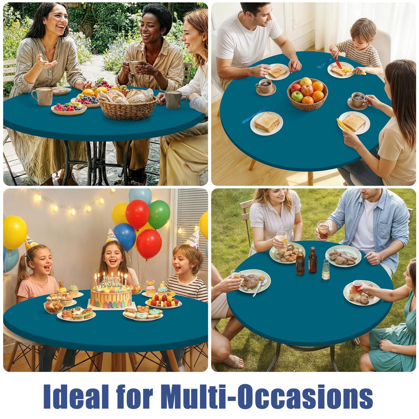 Moosfor Round Spandex Tablecloth, Elastic Fitted Waterproof Tablecloths for 57"-68" Tables, Stretch Washable Picnic Table Cover for Camping, Dining, Indoor and Outdoor,Peacock Blue