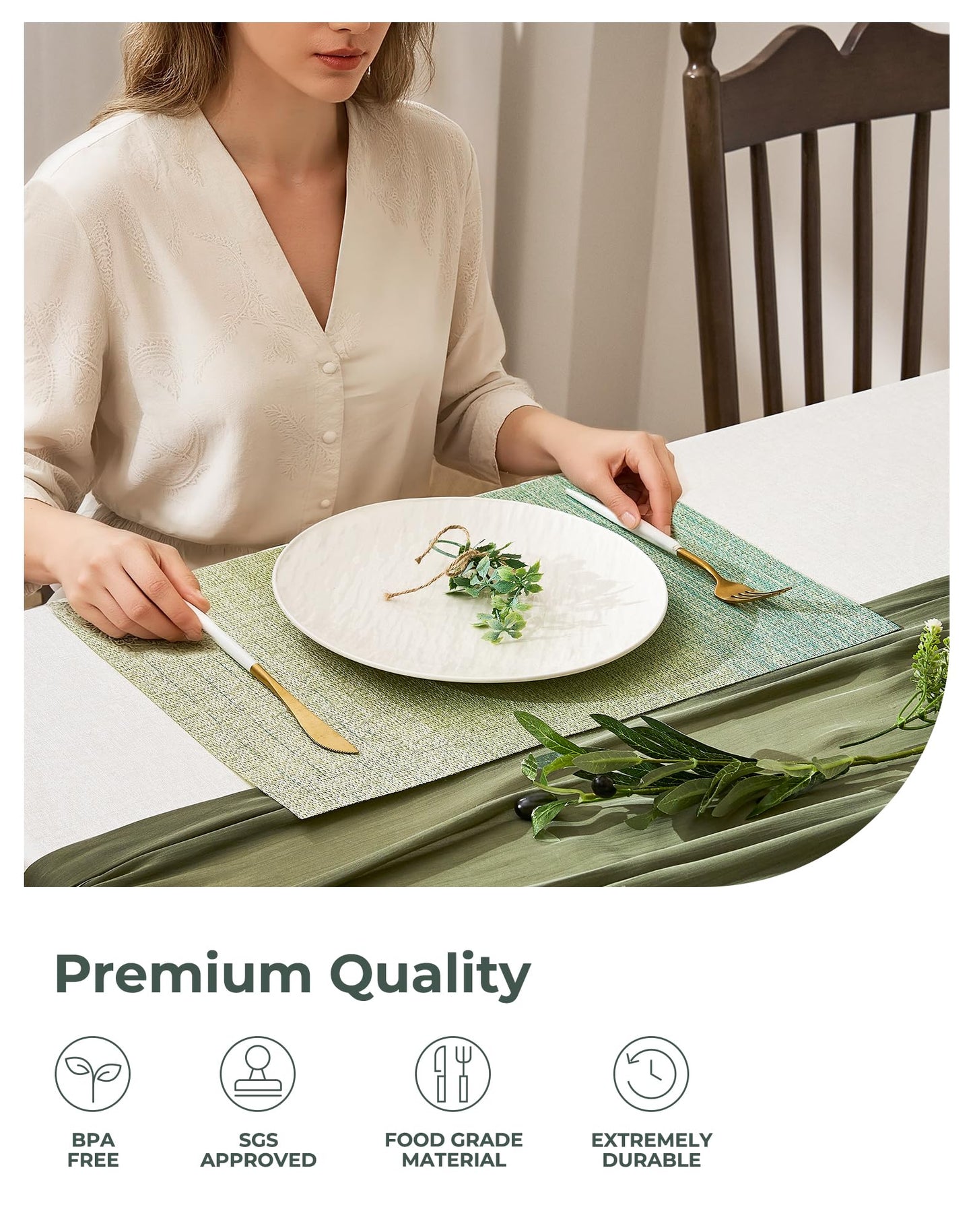 Leetaltree Gradient Green Woven Placemats Set of 12 - Heat Resistant Non-Slip Place mats for Dining Table, Washable Durable PVC Vinyl Woven Table Mats(Gradient Green, 12)