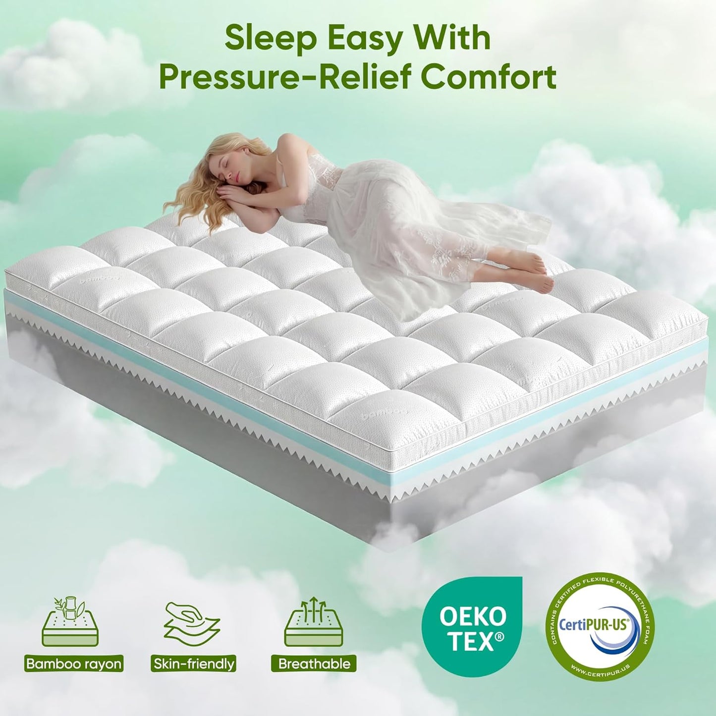 Skiennix Extra Thick Memory Foam Mattress Topper - Dual Layer 2.5" Gel Foam & Bamboo Pillow Top for Back Pain Relief | Queen Size 80x60x5in