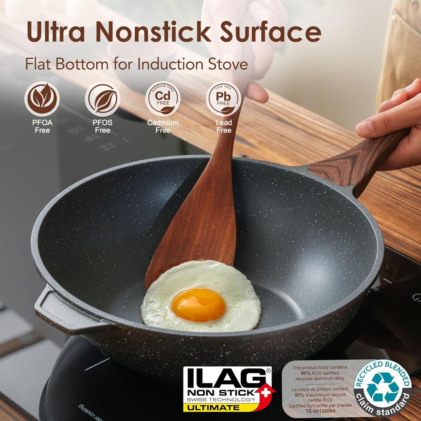 SENSARTE Nonstick Wok Pan - 11-Inch Induction Cookware with Swiss Granite Coating | Healthy Stir-Fry Skillet