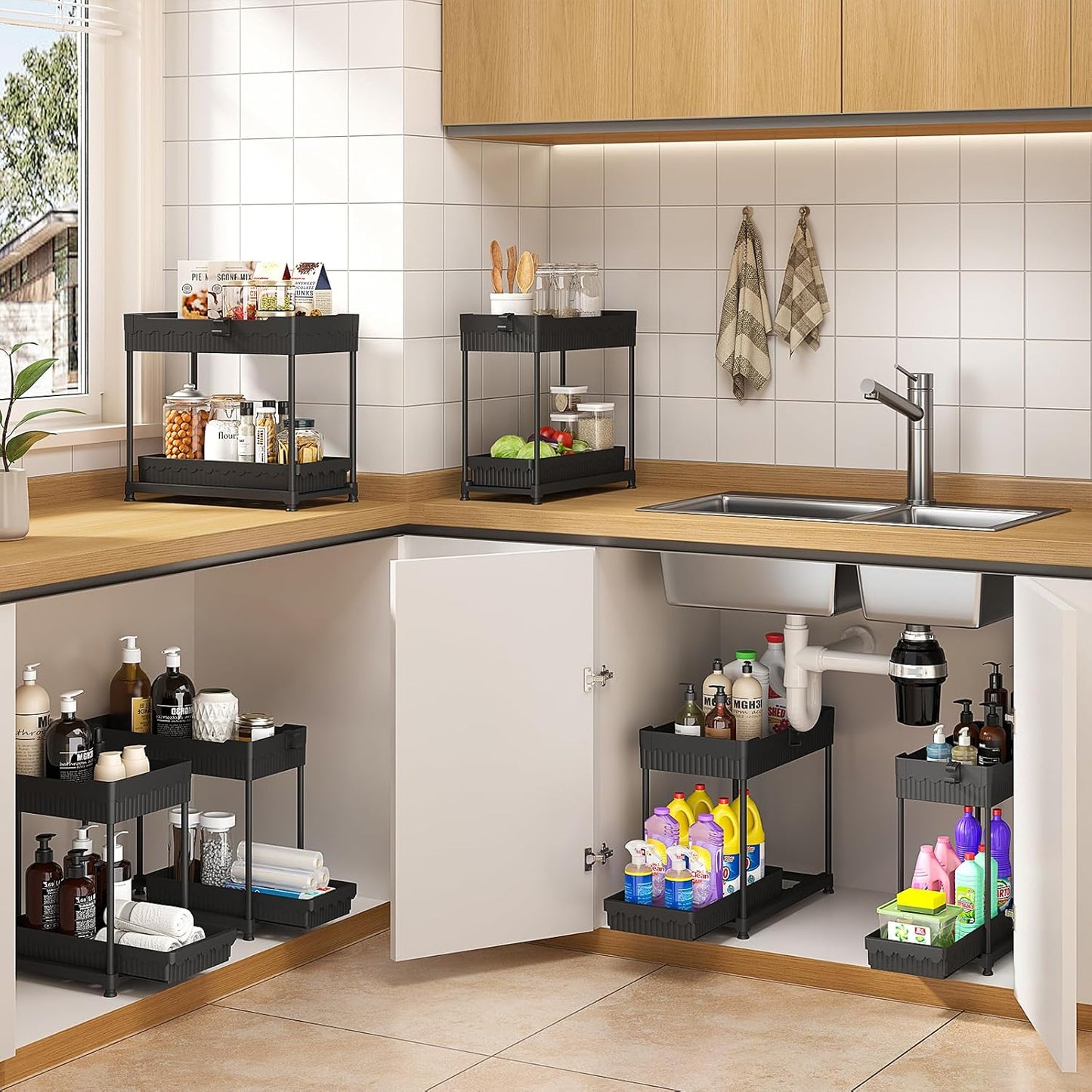 Sevenblue Under Sink Organizer - 2 Tier Multi-Use Pull Out Cabinet Storage with Hooks & Cups | Black, 4 Pack