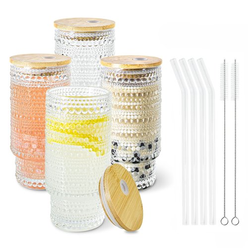 Icesip 4 Pcs 16 oz Glasses Cups with Bamboo Lids Straws Brush Hobnail Glass Tumbler with Straw and Lid for Juice Iced Coffee Soda Cocktail Juice