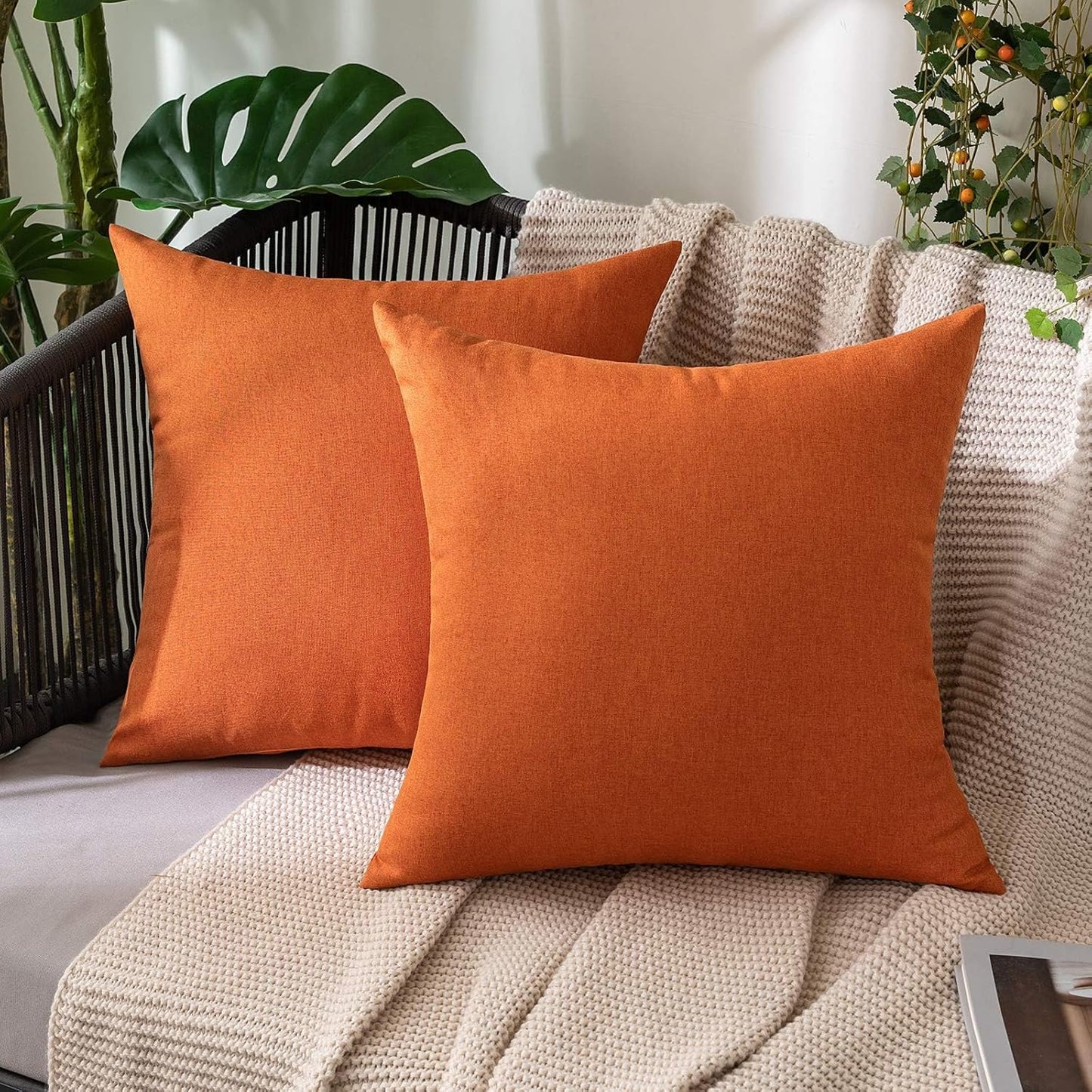 MIULEE Decorative Outdoor Throw Pillow Covers - Waterproof Faux Linen Cushion Cases | 12x12 Inch Orange (Pack of 2)