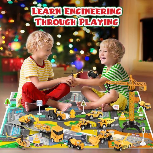Advent Calendar Alloy Construction Vehicle Toy Set - 2 Mats Included | Perfect Christmas Gift for Boys 3-8 Years (Yellow)