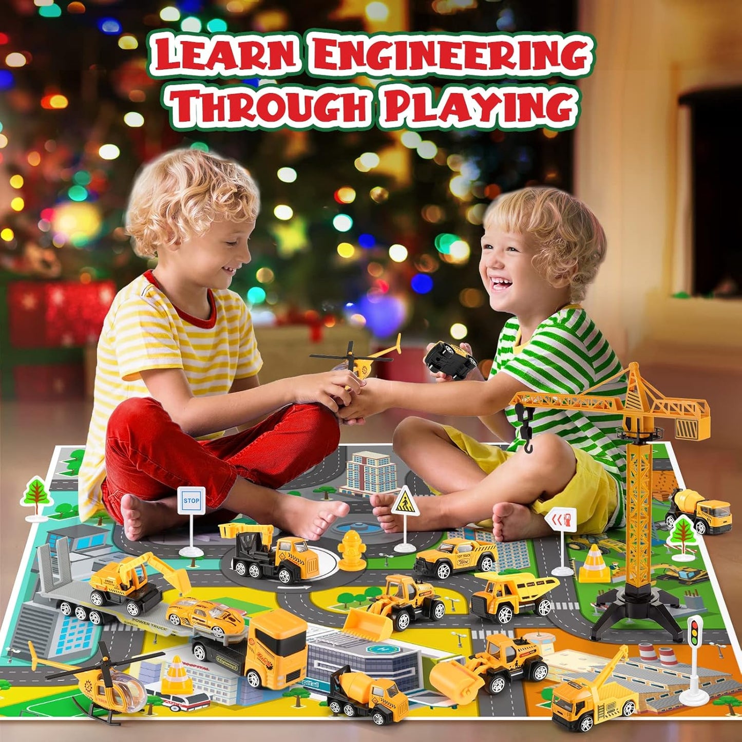 Advent Calendar - Alloy Construction Engineering Vehicle Toy Set with 2 Mats | Christmas Gifts for Boys Ages 3-8 (Yellow)