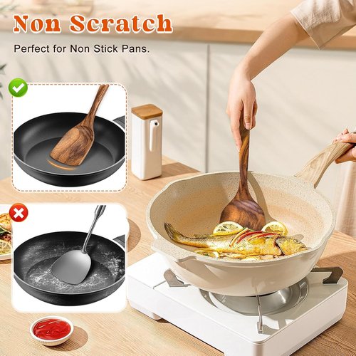 Acacia Wooden Spatula Set - 2Pcs Solid & Slotted Turner with Long Handle | Ideal Kitchen Gift for Moms