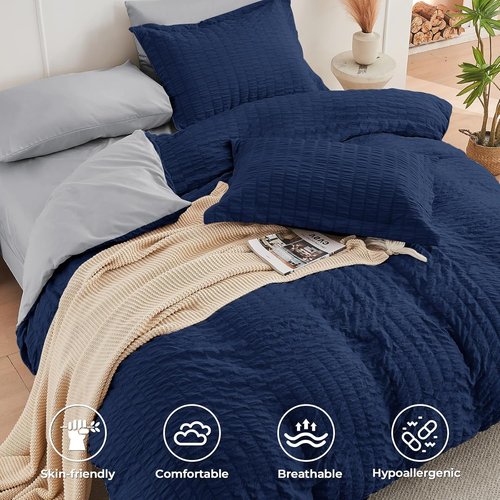 HYMOKEGE California King Comforter Set - Luxury 7-Piece All-Season Bedding in Navy Blue & Light Grey