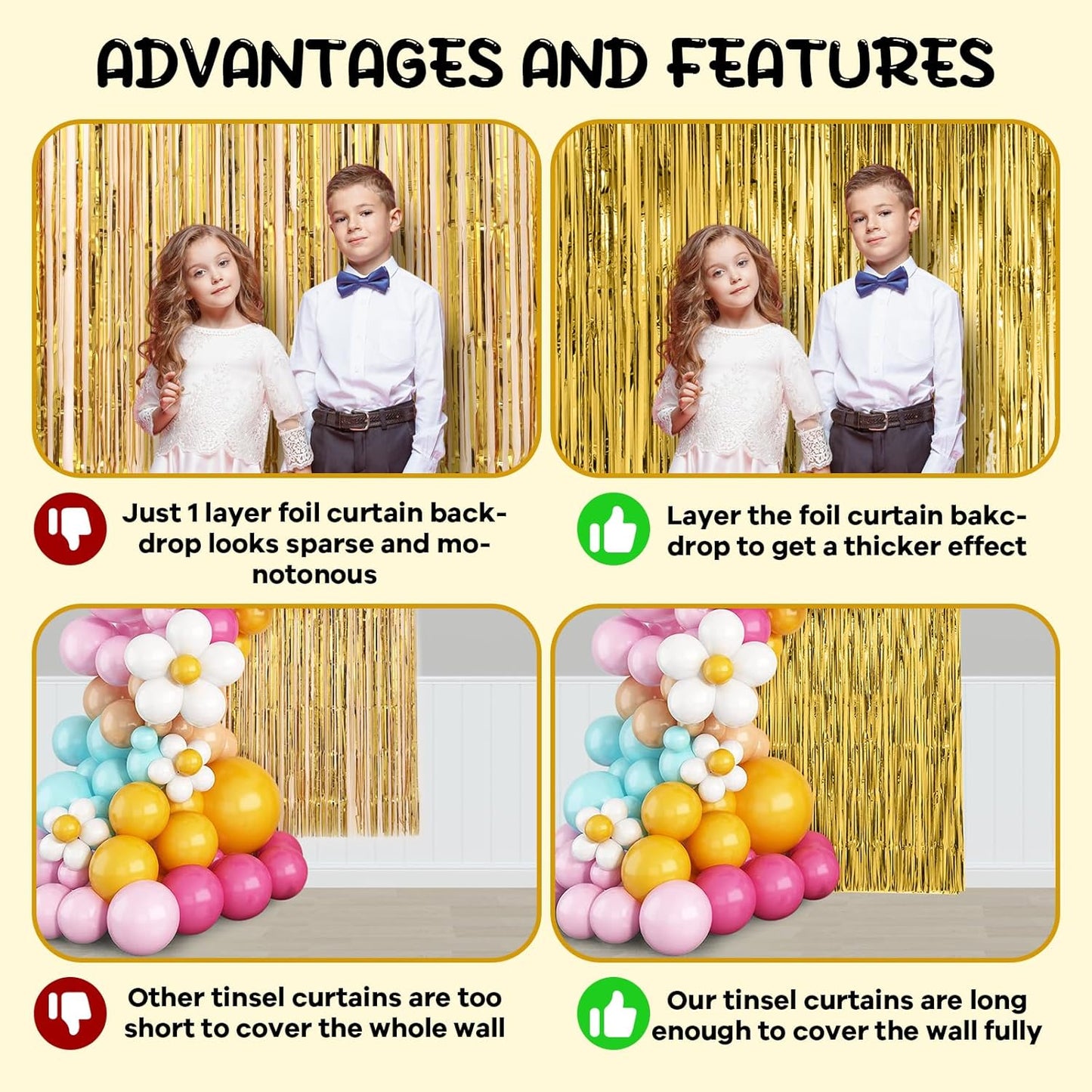 Voircoloria Gold Foil Fringe Backdrop Curtains - 2 Pack Tinsel Streamers for Parties & Events