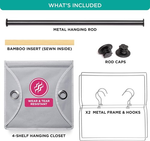 HOLDN’ STORAGE Hanging Closet Organizer - Heavy Duty 4-Shelf Unit with Garment Rod for Clothes & Shoes | Grey