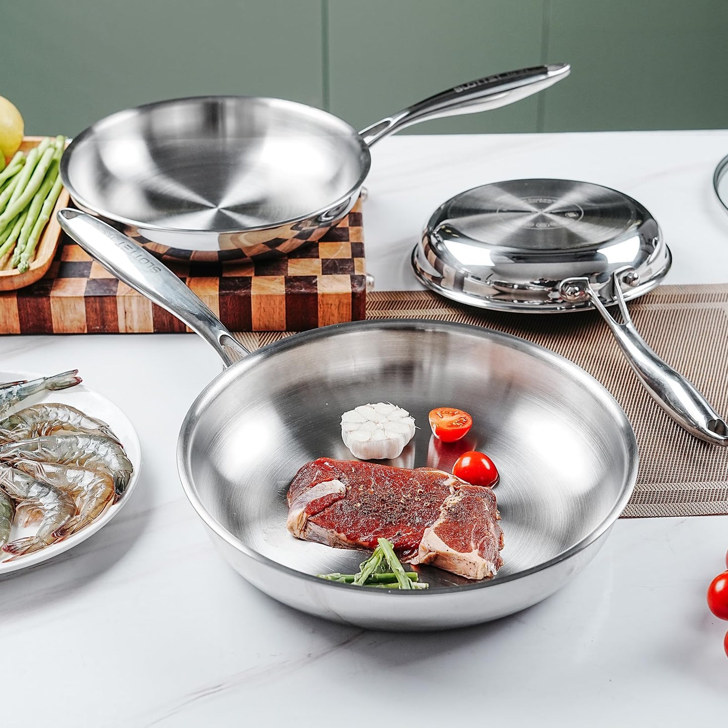 mopetta 10 inch Tri-Ply Stainless Steel Frying Pan,No Coatings PFOA&PTFE Free Skillets,Chef's Pans,Dishwasher and Oven Safe Cookware, Compatible with All Cooktops