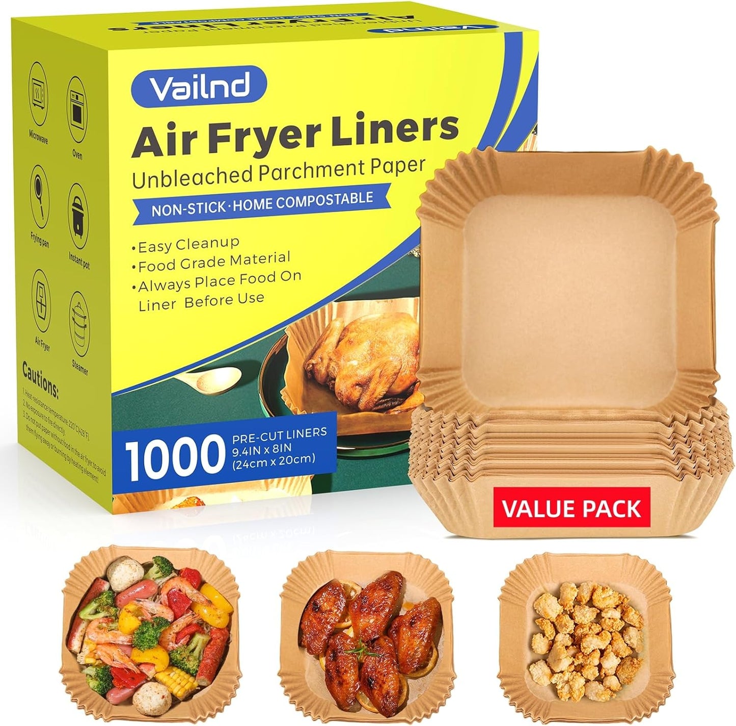 Skiennix Air Fryer Paper Liners - 1000 Pcs Heavy-Duty Disposable Parchment, 8" Square, Non-Stick & Grease-Proof