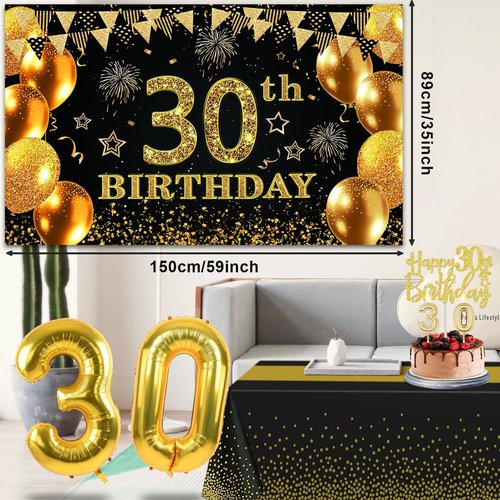 30th Birthday Decorations | Black and Gold Banner, Table Cloth, Balloons, Sash, Cake Topper & Candles