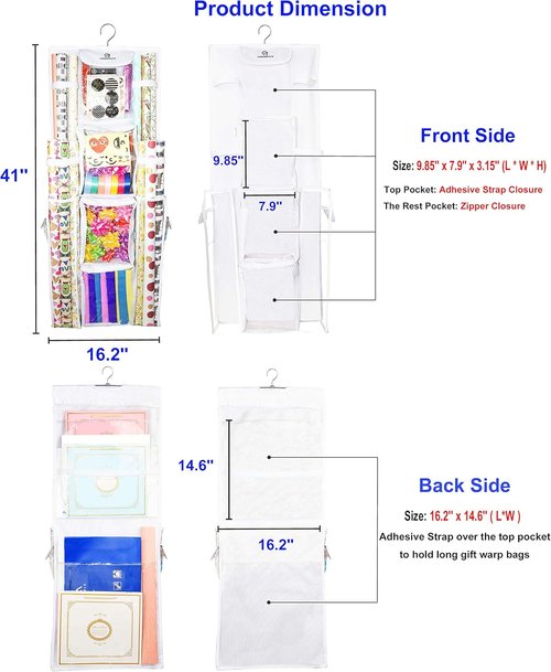 Freegrace Gift Wrap Organizer - Double-Sided 16 x 41 Inch Tearproof Storage Bag | White Wrapping Paper & Ribbon Caddy