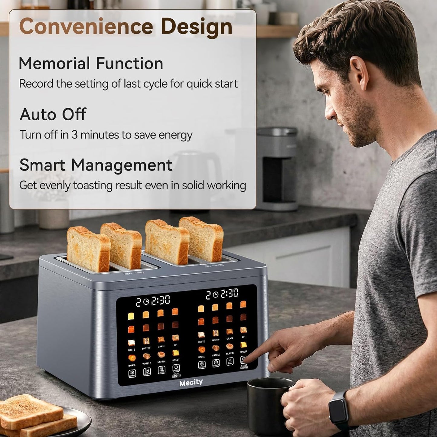 Mecity 4-Slice Toaster - Smart Touch Screen with Dual Control, Auto Shut Off & Keep Warm | Perfect for Bagels & Gluten-Free Breads