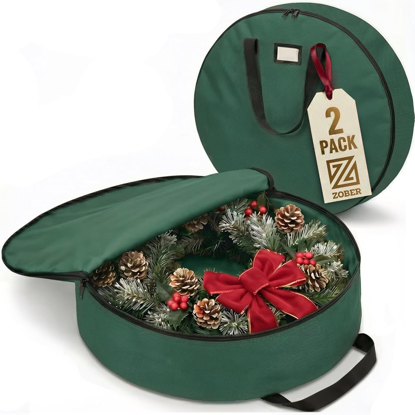 ZOBER 48-Inch Oxford Christmas Wreath Storage Container - Waterproof Dual Zipper Bag with Durable Handles | Green