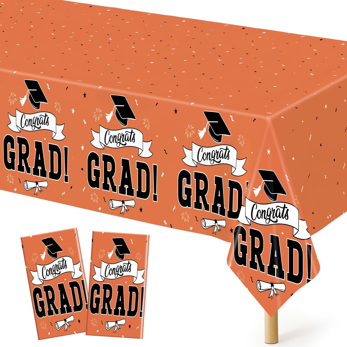 QZYL 2Pcs 2026 Graduation Table Cloths, 108" X 54" Orange Grad Party Decorations, Disposable Plastic Tablecover for Grad Decor Party Supplies, Rectangle Table Cloths for Class 2026 Congrats Grad