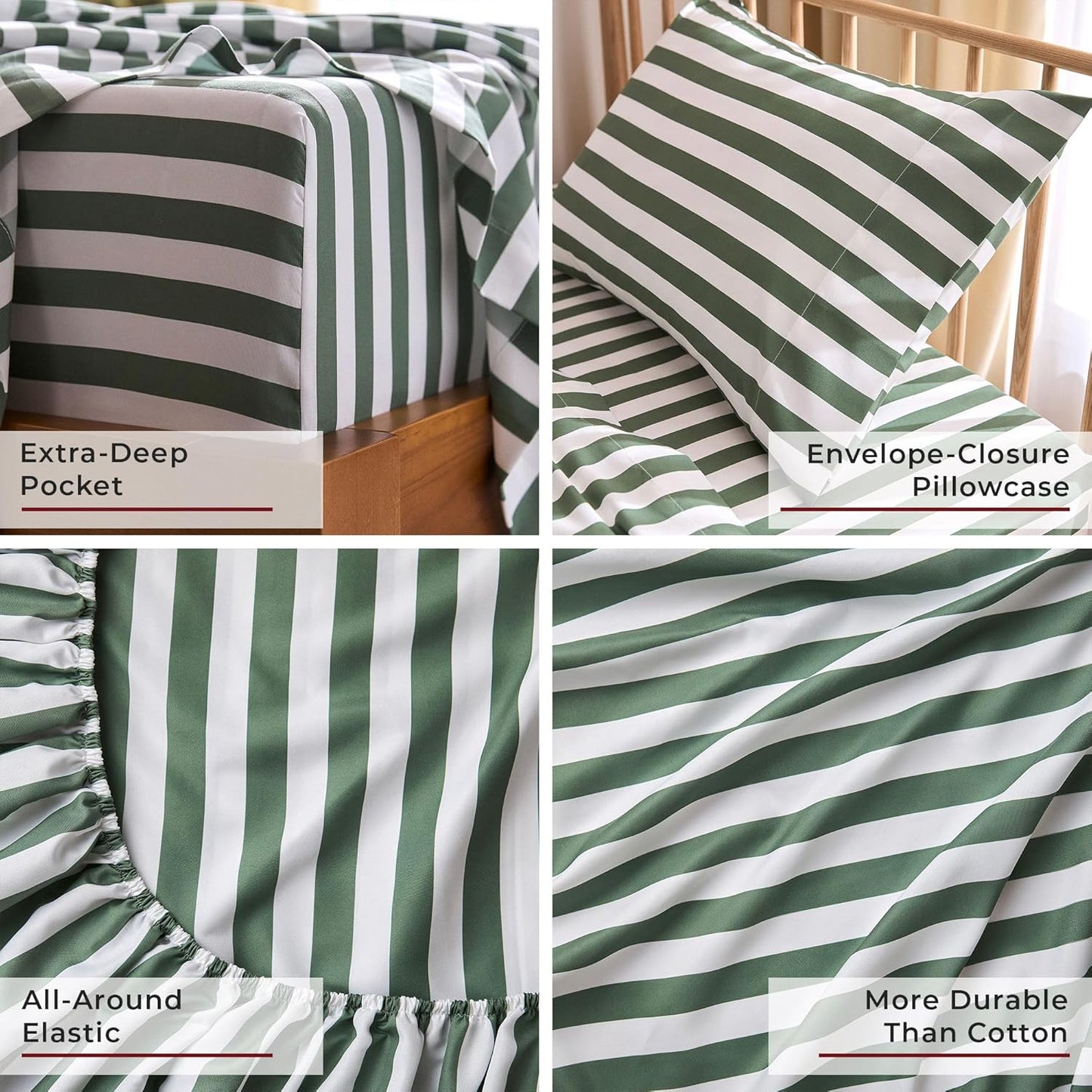 Mellanni Twin Sheets Set - 3 PC Hotel Luxury Bedding | Extra Soft, Cooling, Wrinkle-Resistant (Oxford Stripe Sage)