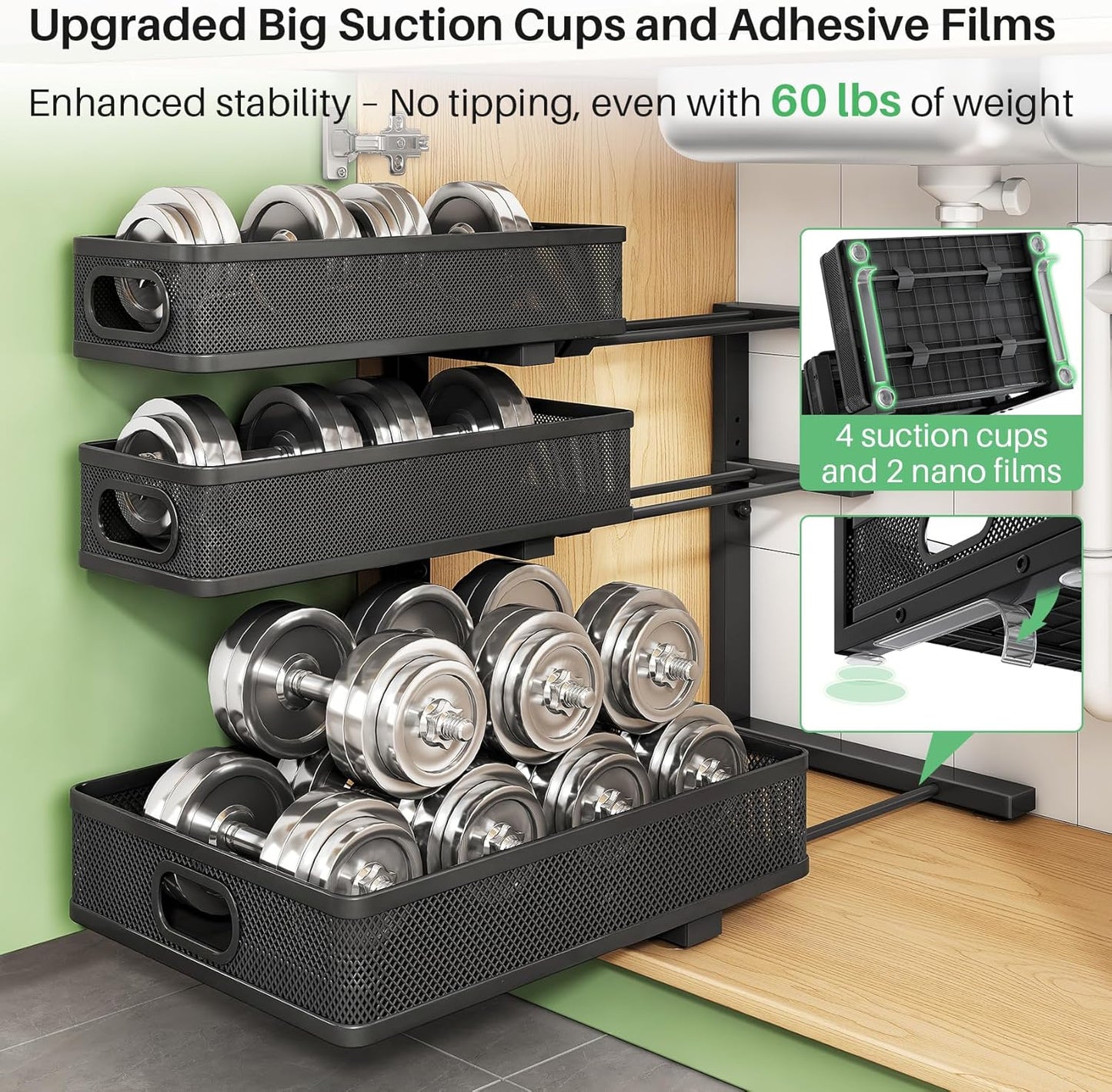 Kitstorack Under Sink Organizer - 2-Pack Adjustable Metal Cabinet Shelf | Slide-Out Storage for Bathroom & Kitchen