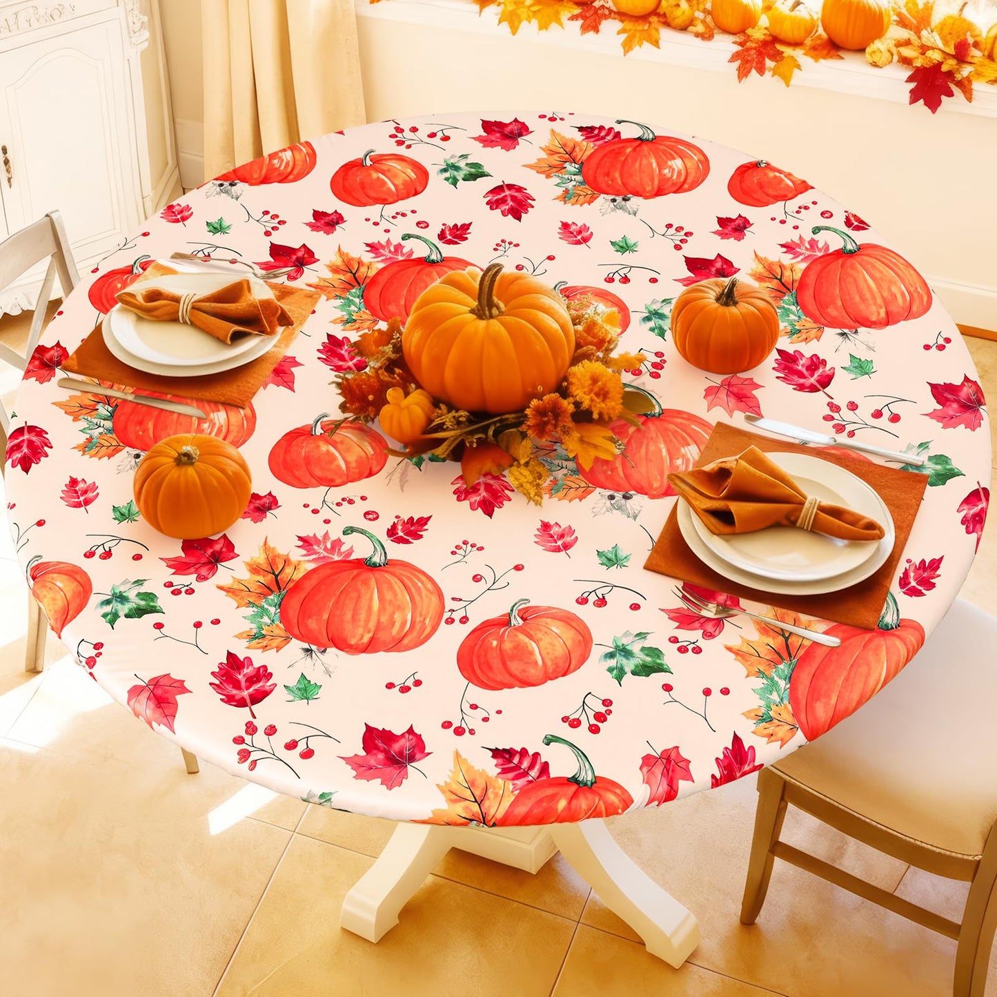 Moosfor Round Spandex Thanksgiving Tablecloth, Elastic Fitted Waterproof Tablecloths for 36"-44" Tables, Stretch Washable Picnic Table Cover for Autumn Harvest Parties, Pumpkin Leaf
