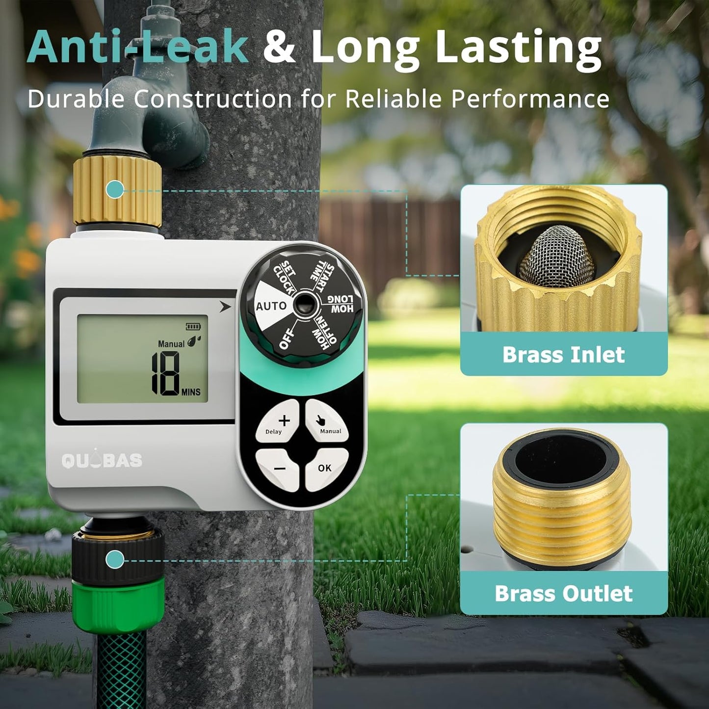 QUOBAS Brass Sprinkler Timer - Programmable Garden Hose Timer with Waterproof HD Screen & Rain Delay
