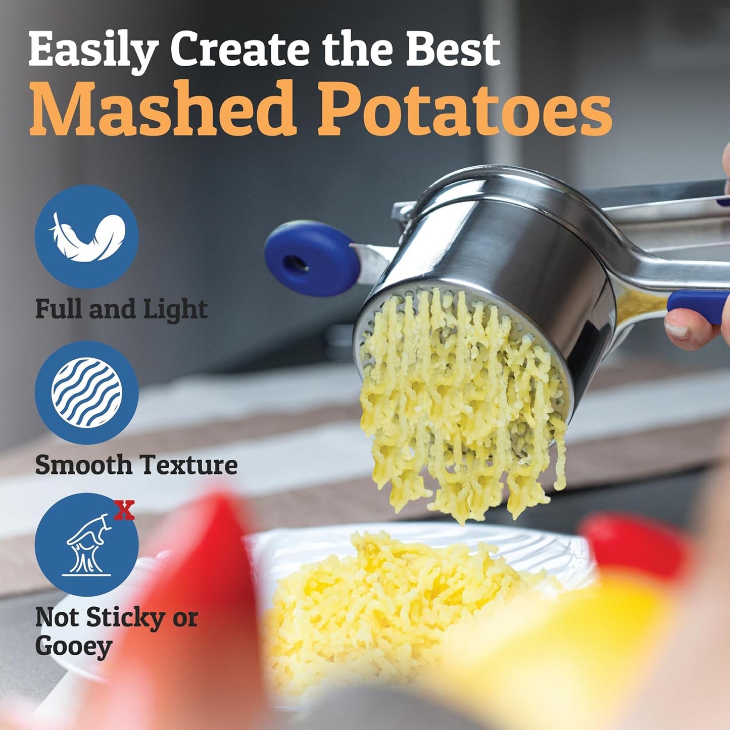 PriorityChef 15oz Potato Ricer - Heavy Duty Stainless Steel Masher With 3 Discs | Blue Kitchen Tool