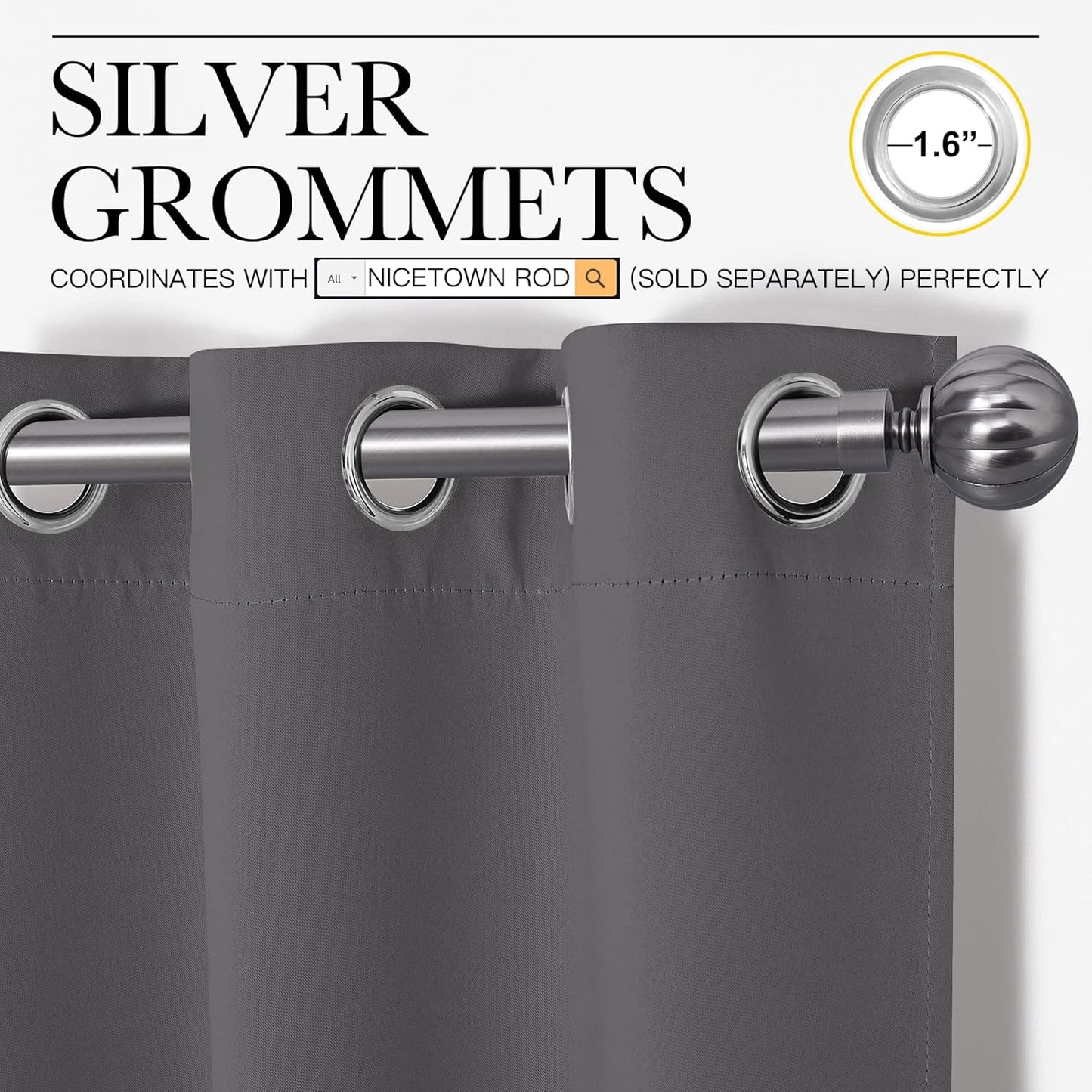 NICETOWN Grey Blackout Curtain Panels - Thermal Insulated Grommet Drapes (2 Panels, W34 x L63)