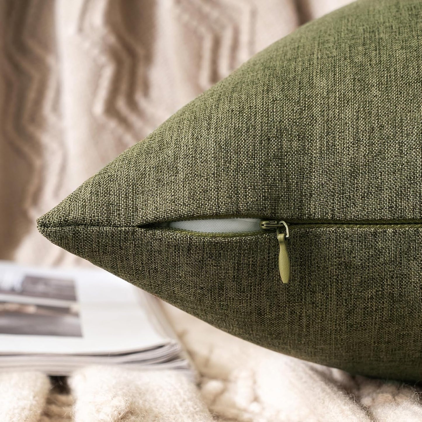 MIULEE Decorative Outdoor Throw Pillow Covers - Waterproof Faux Linen Cushion Cases | Olive Green, 20x12 Inch, Set of 2