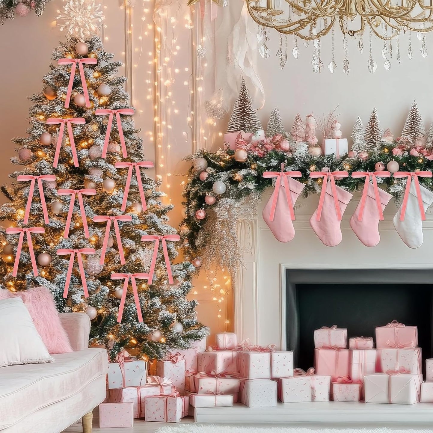 Skiennix 24 Pcs Velvet Bows - Vintage Ribbon Bows for Christmas Tree & Crafts | Dusty Pink, 5 x 7 Inch