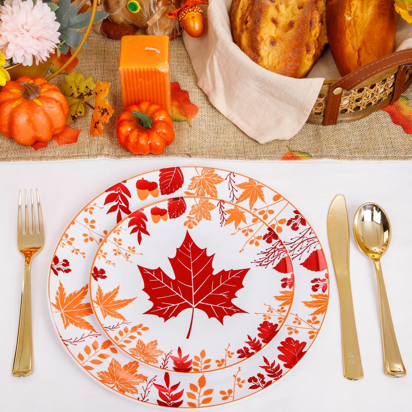 Liacere 150PCS Thanksgiving Plastic Plates- Include 30 Dinner Plates, 30 Dessert Plate,30 Forks, 30 Gold Spoons, 30 Gold Knives Perfect for Thanksgiving＆ Fall Plates
