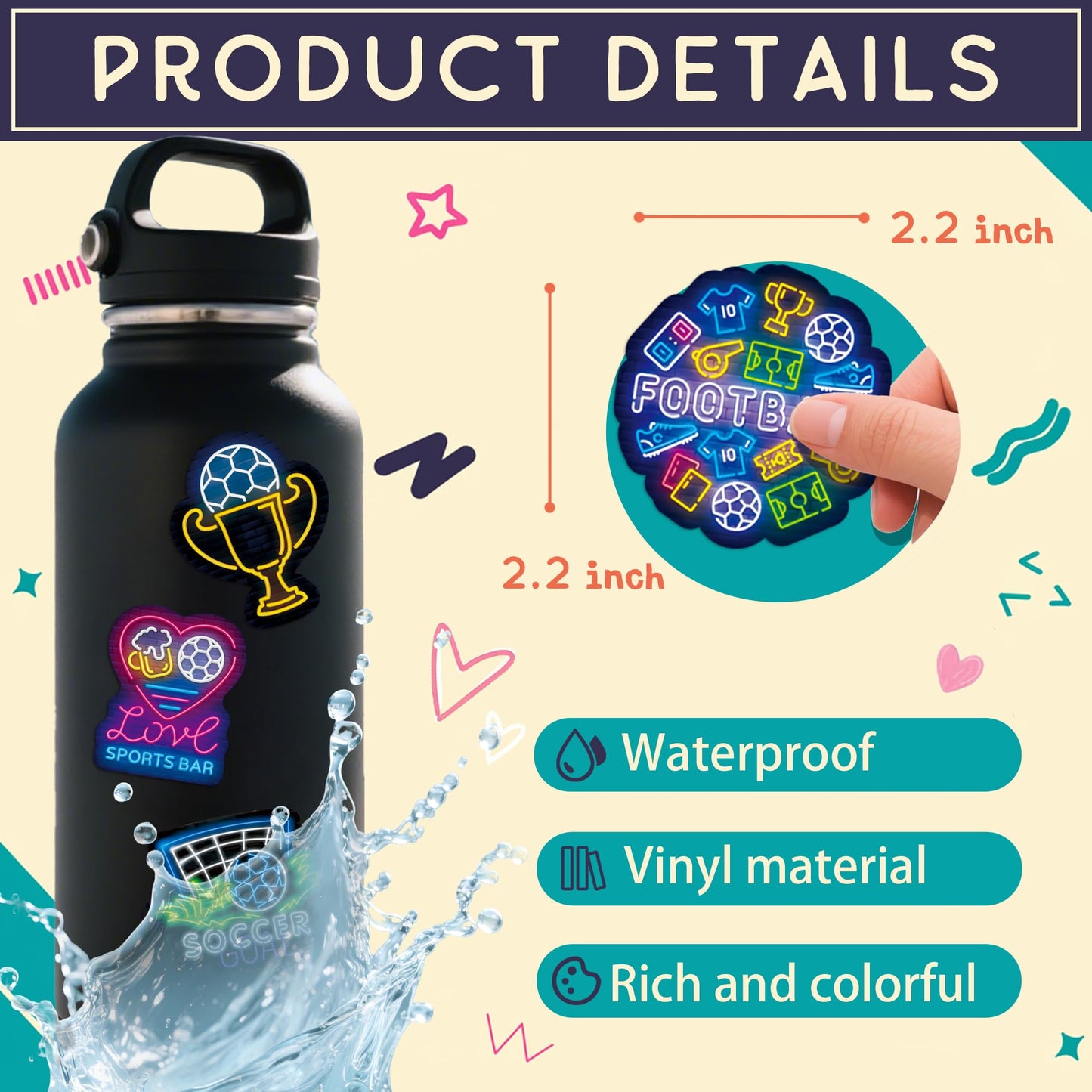 YUISLE 50 PCS Soccer Stickers for Kids Teens & Adults, Cool Neon Football Stickers for Scrapbook Water Bottles, Laptop, Luggage, Vinyl Waterproof Decals for Soccer Team Gifts-B07